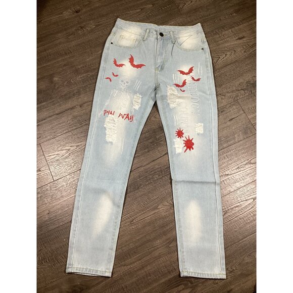 Mens Light Blue Denim Jeans With Red Bat & Skeleton Print Size 28 Streetwear NEW - Picture 1 of 12
